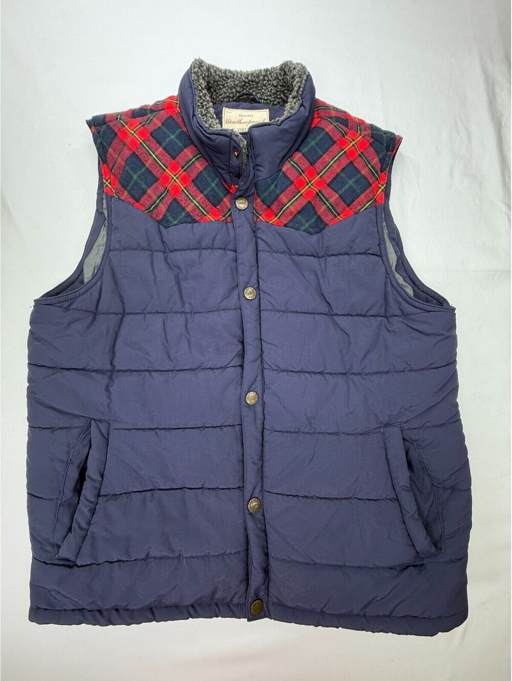 Weatherproof Vintage Men's Vest Puffer Front Pocket Nylon Plaid Size L Blue